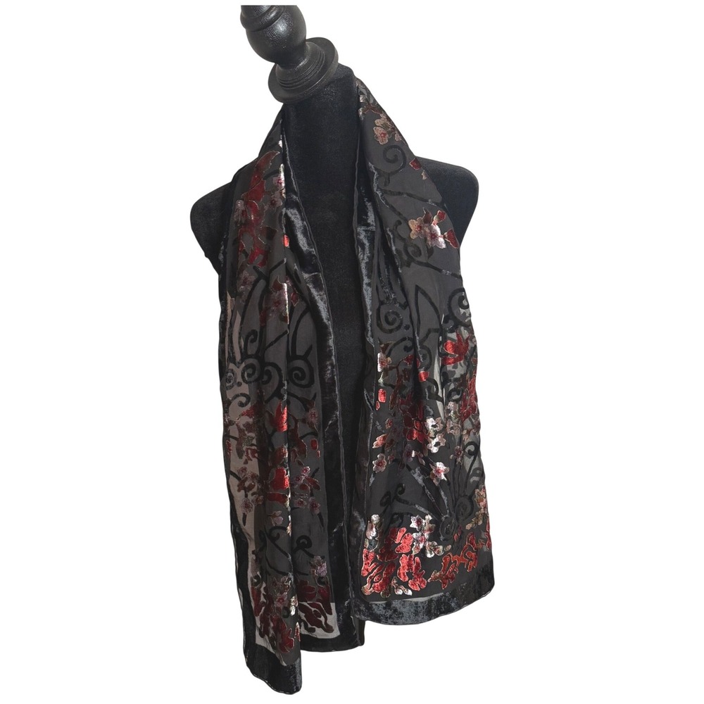 100% Silk Burnout Velvet Scarf Womens Black Red Floral Devore Wrap Whimsigoth